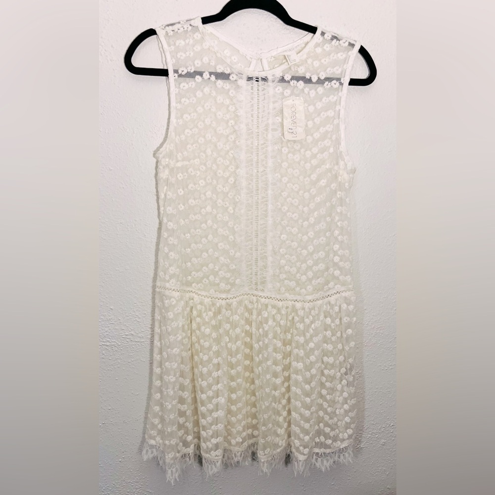 Forever 21 Cream Sheer Lace Baby Doll Boho Fairy Whimsical Dress Size L NWT